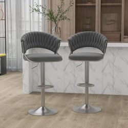 Adjustable High Back 360° Velvet Swivel Bar Stools, Gray (Set of 2)