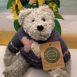 Boyds Bears Teddy Bear Floyd Gray Posable Blue Knit Sweater Hearts 9.5 Inch 1997