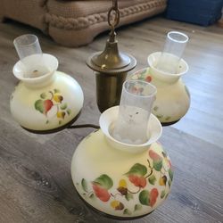 Antique Vintage Chandelier With Painted Glass And Glass Chimneys