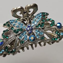 Vintage Butterfly Rhinestone Hair Claw Clip - Silver Tone Metal with Green, Blue & Aqua Crystals