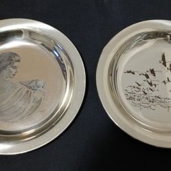 Franklin Mint Sterling Silver Plates - 1972 Mother's Day by Irene Spencer + 1974 Geese Flying by Peter Parnall
