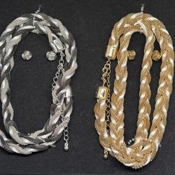 Two Necklaces Twisted Rope Detail Adjustable  & Earrings Set