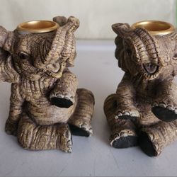 Set Of 2 Detailed 3" Resin Elephant Candle Holders 