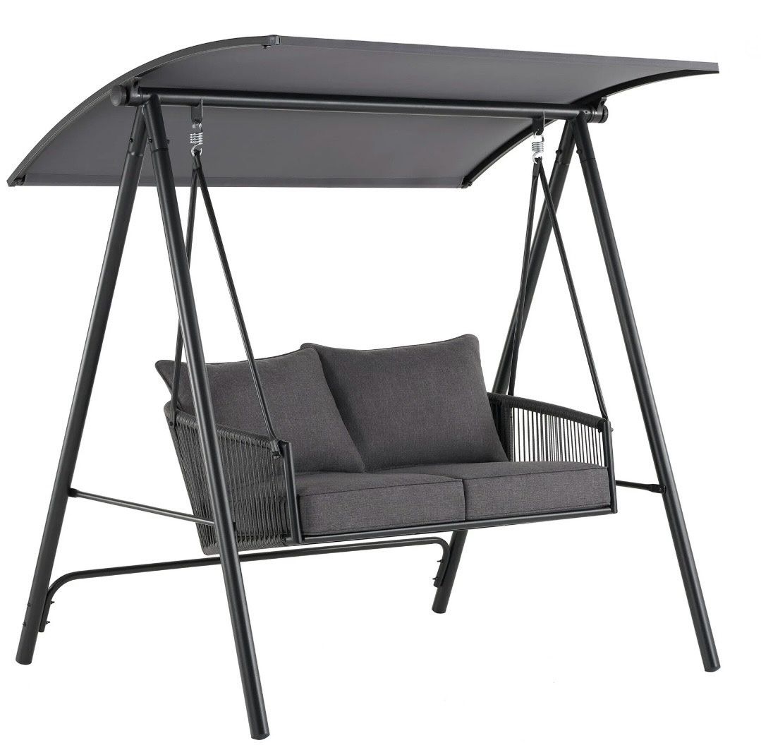 Mainstays Lawson Ridge 2-Seat Steel Outdoor Freestanding Porch Swing with Canopy and Cushions, Black