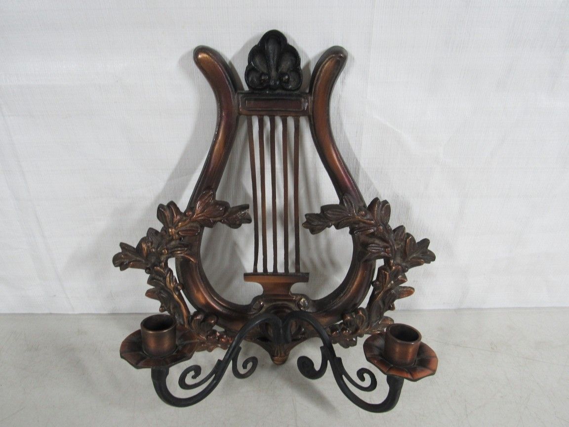 Lyre Harp Solid Brass Bronze Tone Finish Dual Candlestick Wall Sconce