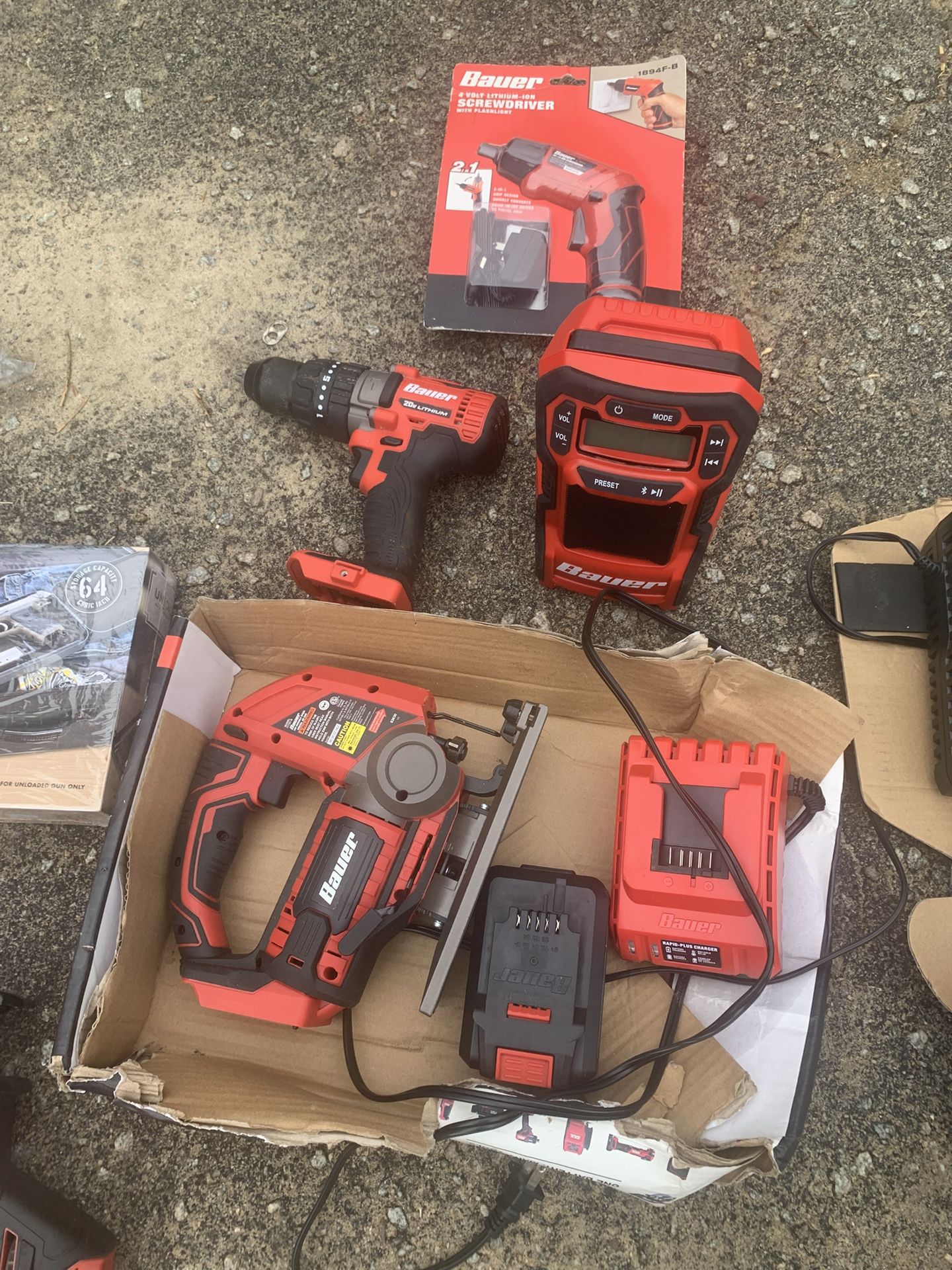 Bauer tools, batteries, chargers, and Bluetooth radio