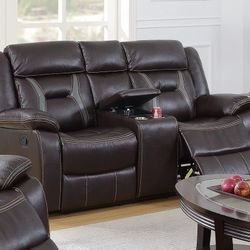 Brand New Brown Soft Gel Leather Manual Loveseat With Cup Holders