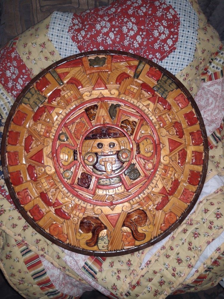 VTG Wood Aztec Calender Hand Carved And Painted