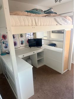 White full-size pottery barn loft bed