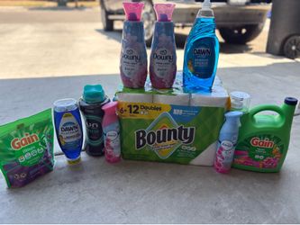 Gain detergent, downy softner, febreze spray, bounty paper towels & dawn dish soap bundle