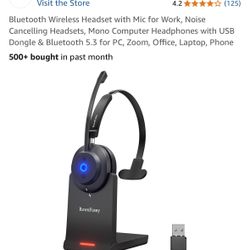 Bluetooth Wireless Headset with Mic for Work, Noise Cancelling Headsets, Mono Computer Headphones with USB Dongle & Bluetooth 5.3 for PC, Zoom, Office