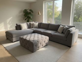 Large Gray Tufted L-Shaped Sectional Sofa + Ottoman | Good Condition