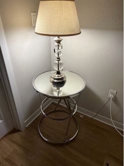 Modern Chrome Mirrored Side Table with Crystal Table Lamp
