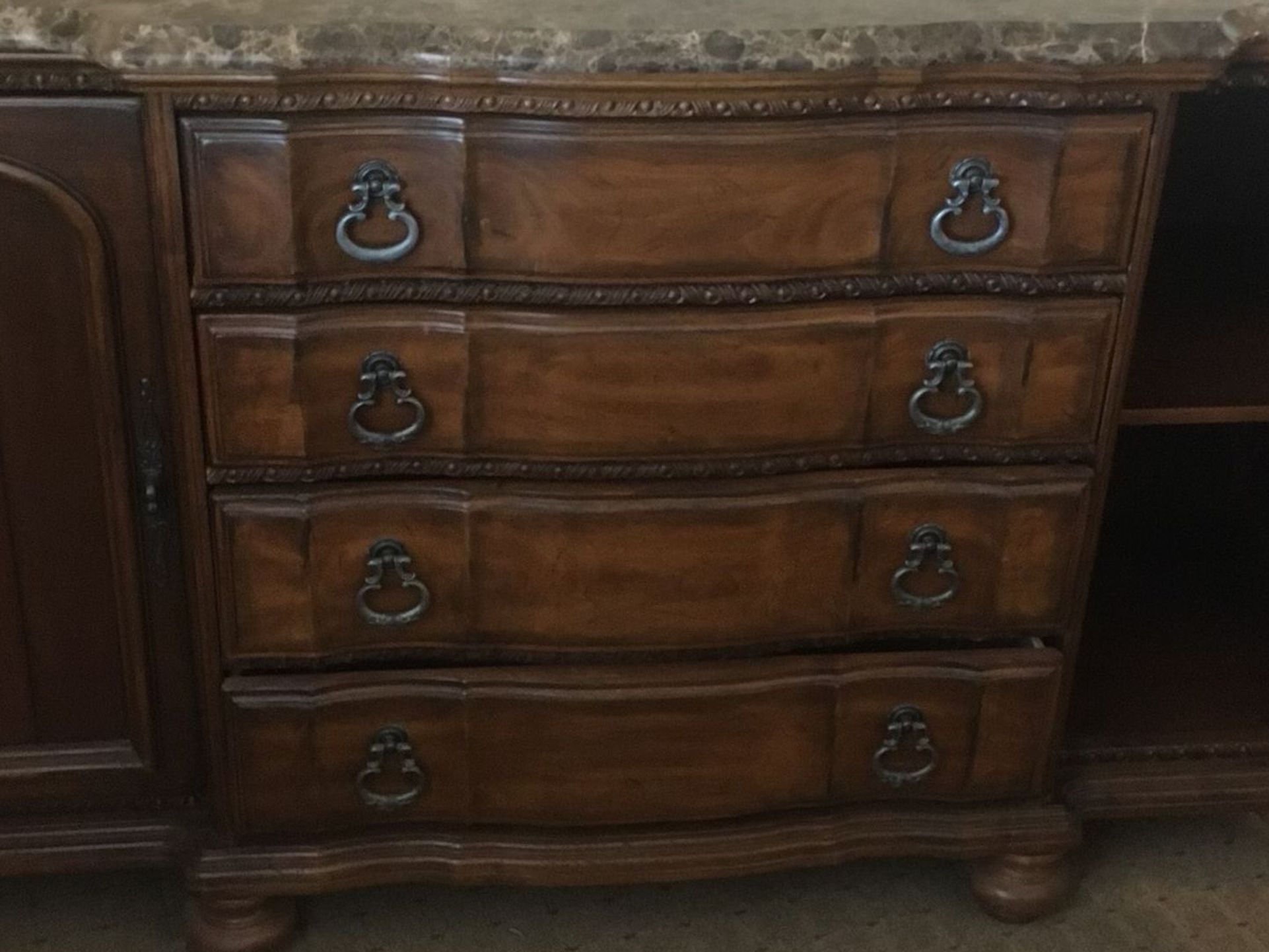 Vintage Sideboard/Buffet , Solid Wood, with Brown Marble Top By Bernhardt Furniture