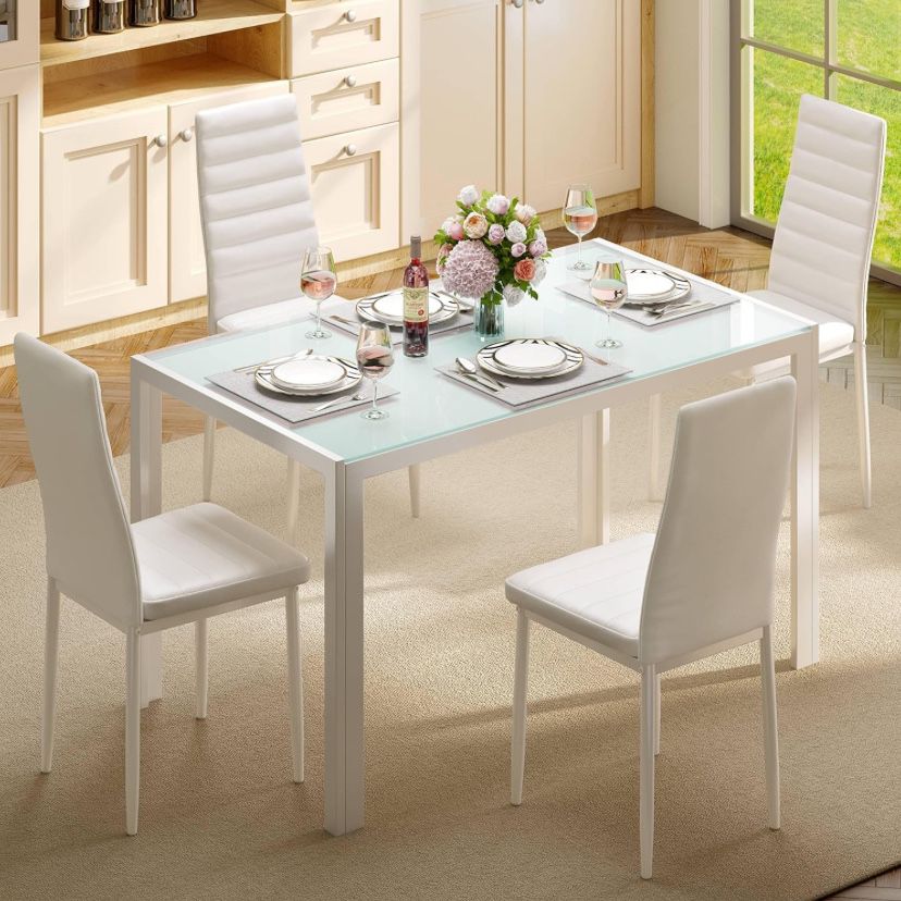 Gizoon 5 Piece Glass Dining Table Set, Kitchen Table and Chairs for 4, PU Leather Modern Dining Room Sets for Home, Kitchen, Dining Room Color White. 