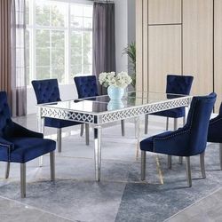 💥 BLACKFRIDAY DEAL 💥 Brand New Blue Velvet Silver Mirror 7pc Dining Table Set