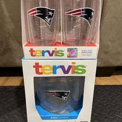 New England Patriots NFL Team Tumbler Cup 16oz Made By Tervis Tumblers Set of 4 and 2.5 Quart Ice Bucket