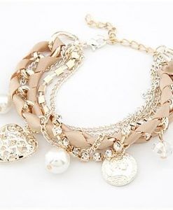 Pearl Gold Tone Hart Charm Bracelet White For Daily