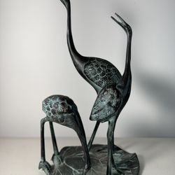 Vintage Chinese Bronze Cranes Statue 11”