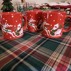 Set Of 3, Waechtersbach Santa And Reindeer Holiday Mugs