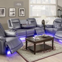 Grey Leather Power Electric Fully Reclining Couch Set 