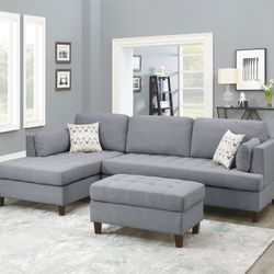 ‼️ SALE.   Grey Polyfiber  Fabric Sectional Sofá Reversible Chaise And Ottoman ‼️