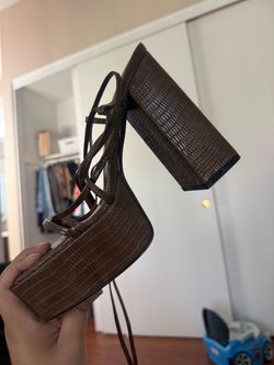 Brown Croc Embossed Platform Block Heel Sandal
