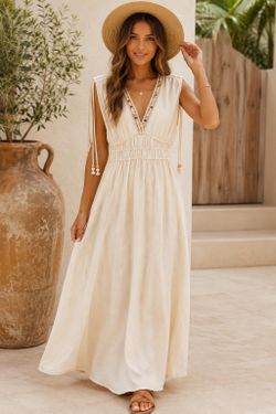Original USA Ivory Boho Maxi Dress Beaded Tassel Detail NWT L/XL
