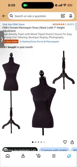 FDW Black Female Mannequin Torso with Tripod Stand