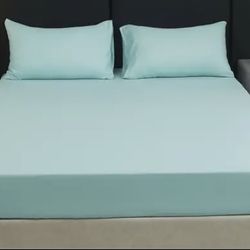 New Cotton Queen Fitted Sheet Set 4pcs 1 Fitted Sheet +1 Flat Sheet+2 Pillowcase Solid Color Green Bedding Set