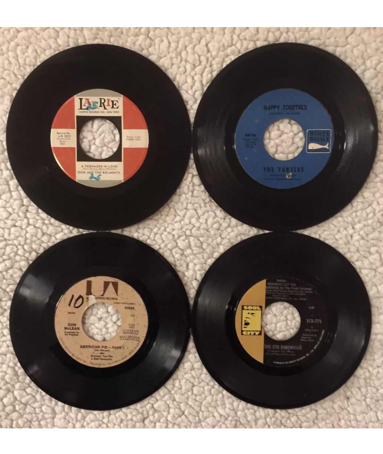 4 Vintage Vinyl 45 Records All In GC, Amer Pie,Aquarius,Happy Together,Belmonts