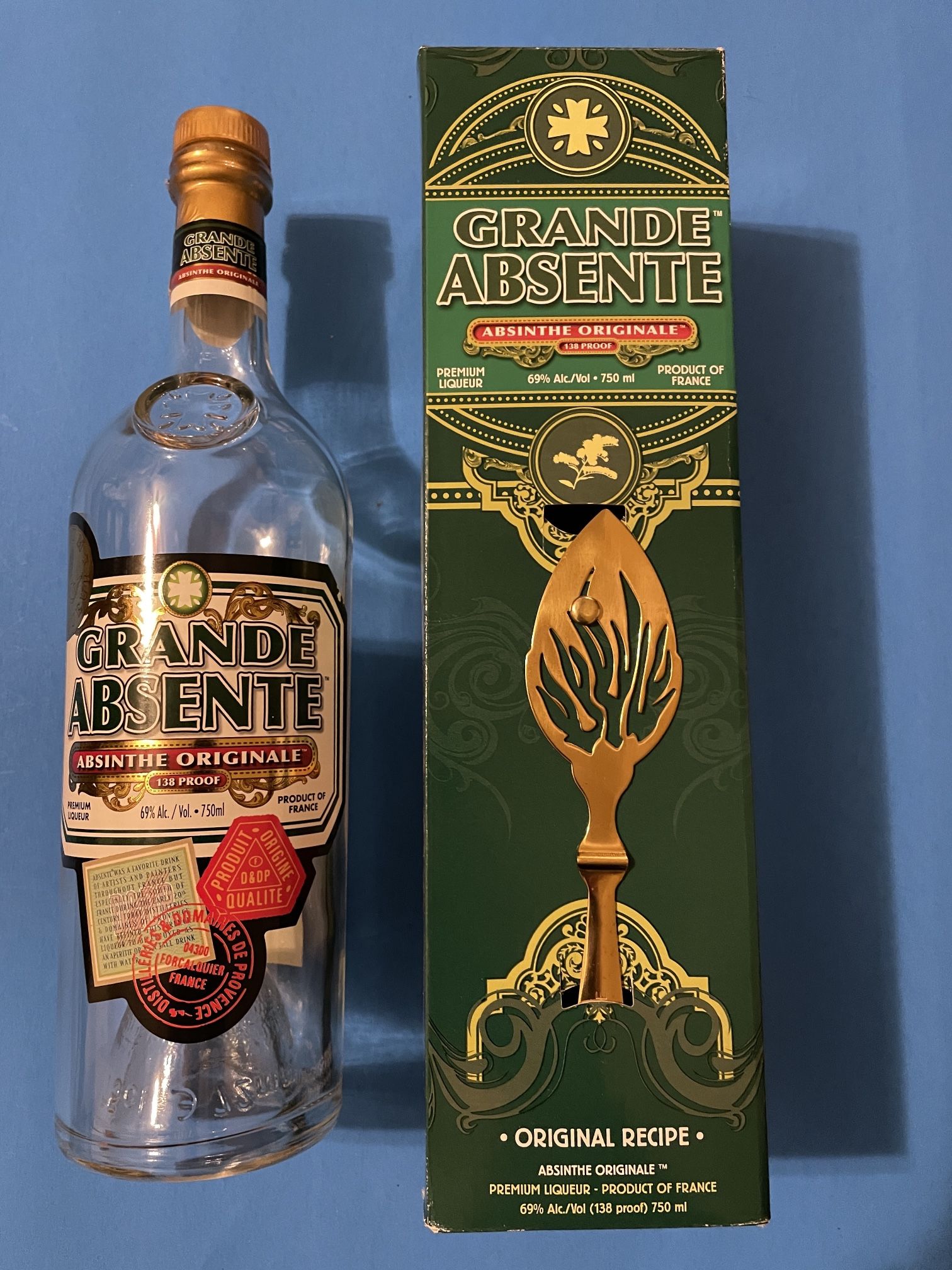 Grande Absante Bottle Glass Box Gold Strainer Spoon