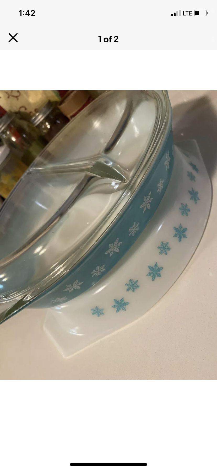 Vintage Pyrex Divided Casserole Dish 1 1/2 Qt White with Blue Snowflakes and Lid