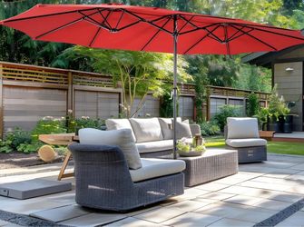 Uses- 15FT Double-Sided Patio Umbrella with Base Included, Large Outdoor Rectangular Market Umbrella for Backyard, Poolside, Lawn & Garden.