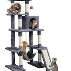 Large Multi-Level Cat Tree, 63 Inches Tall with Sisal-Covered Scratching Posts, Condo, Hammock, Dangling Ball, and Extended Platform for Cats to Play 