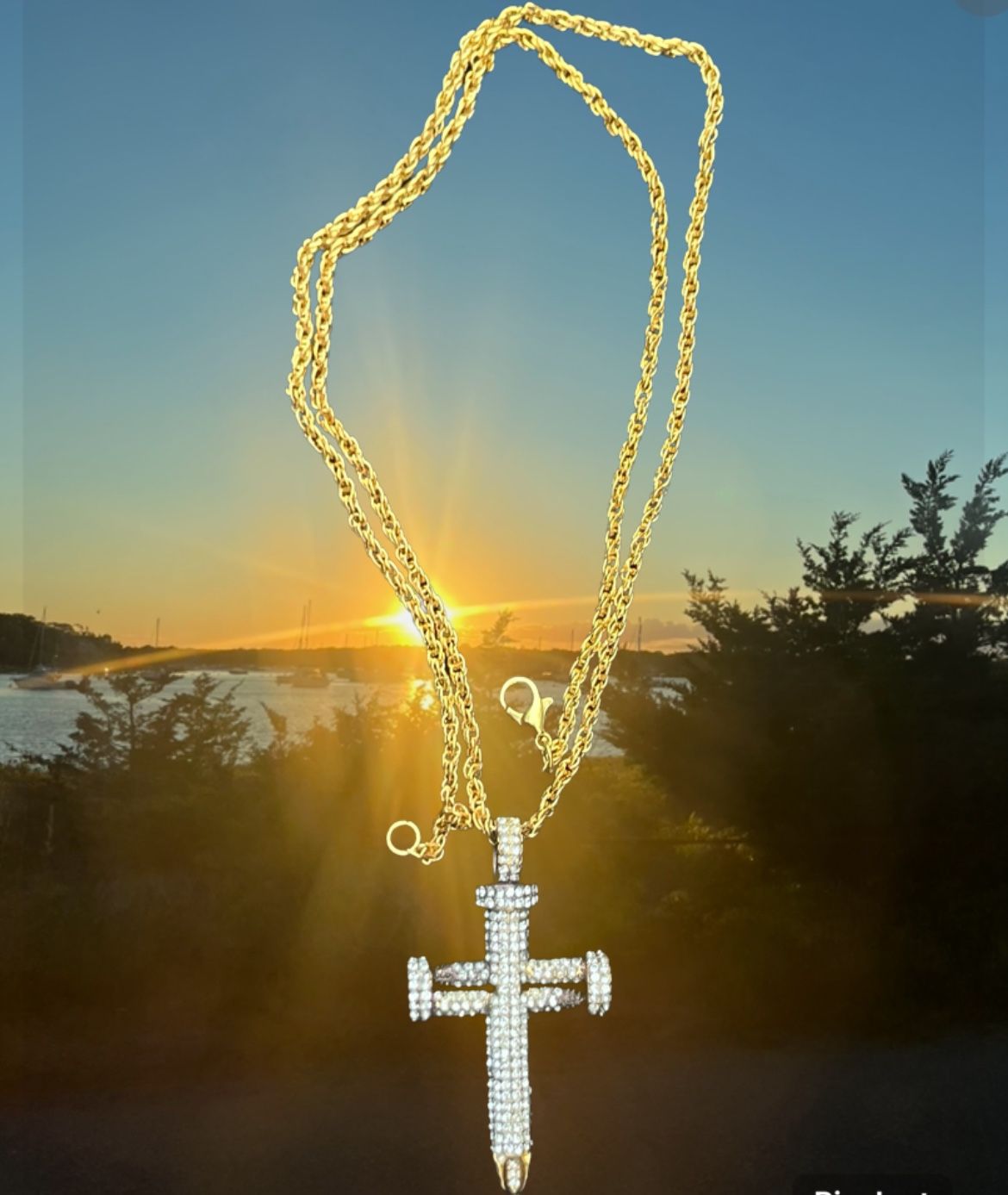 Cross Dagger Curved Point Diamond Pendant Gold Link