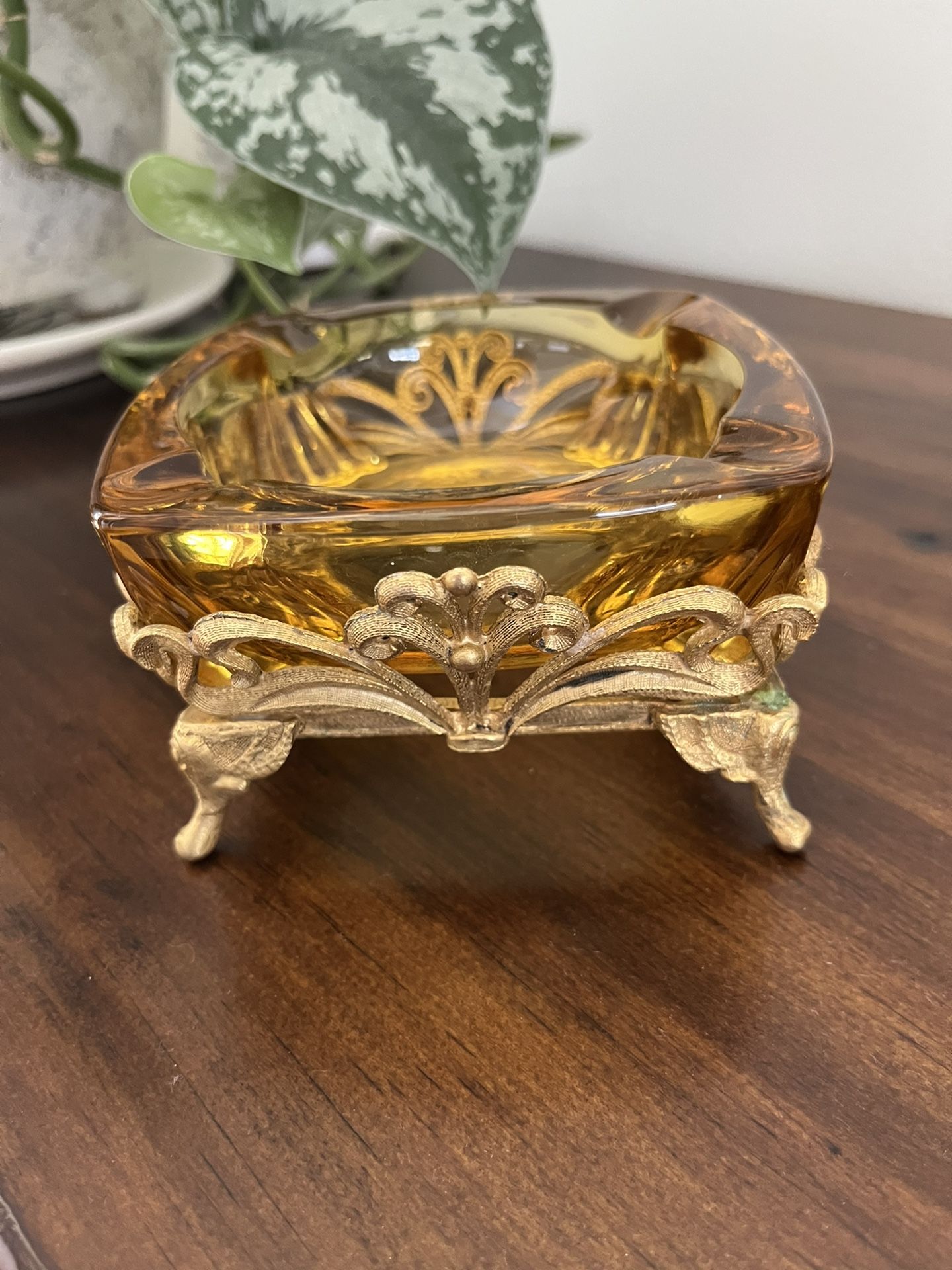 Vintage amber Tray With Brass Holder