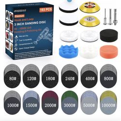 193Pcs 3 Inch Polishing Kit Hook and Loop Sanding Discs, 80 to 10000 Grits - Wet Dry Sandpaper Buffing Sanding Pads with 1/4" 1/8" Shank, for Metal, W
