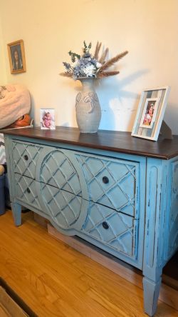 Blue Distressed Dresser with Dark Wood Top check more pictures