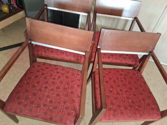 Set of 4 Wood Arm Chairs with Red Upholstery