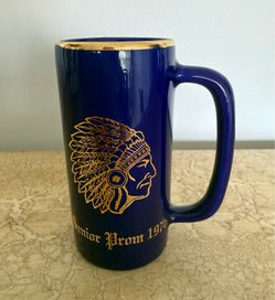 Vintage ‘Senior Prom 1970’ blue & gold mug with Native American headdress