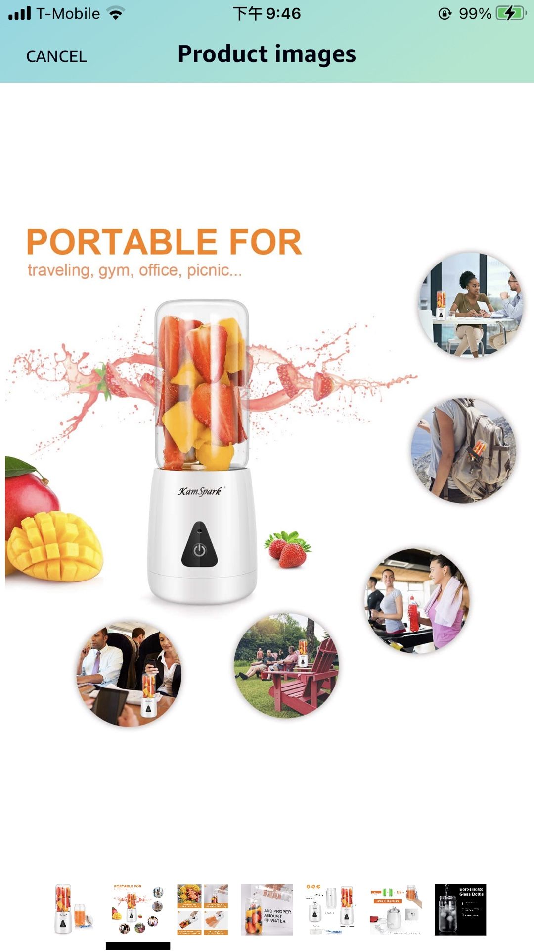 Portable Blender-KamSpark Smoothie Blender USB Rechargeable Battery Operated 2000mAh, Mini Blender (12oz), 6 Blades, Glass Cup BPA Free Food Grade, De