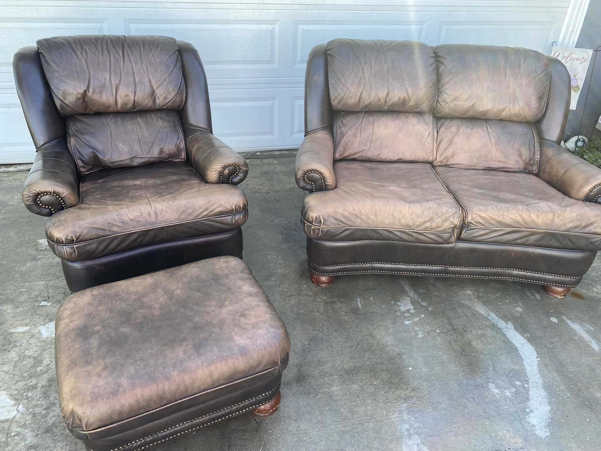 Leather Loveseat And Chair With Ottoman