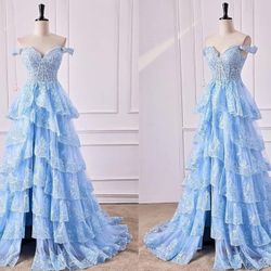 vintys Glitter Tiered Tulle Lace Prom Dresses Long for Teens 2024 Spaghetti Straps Formal Wedding Evening Gowns