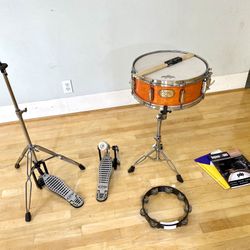 Pearl Export lacquer 14” snare  4.5” & stand PDP bass drum pedal & hihat cymbal stand new sticks $185 cash in Ontario 91762. 