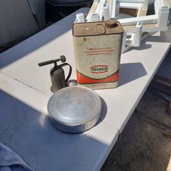 1967 Texaco Oil Can  1950s Hot Water Bottle Aluminum And Gas Torch