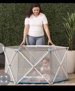 Regalo My Portable Play Yard Indoor And Outdoor, Washable, White/Gray/Teal, 6-Panel  Open box item in the original box
