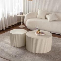 Beige Nesting Coffee Table Set of 2 Modern Drum Side Table End Table