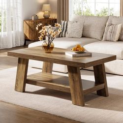 2-Tier Wooden Coffee Table, 47.24" Farmhouse Center Table with Double Storage Shelves