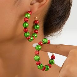 Brand New Women’s Christmas Festive Holiday Bulb Grinch Hoop Green Red Earrings